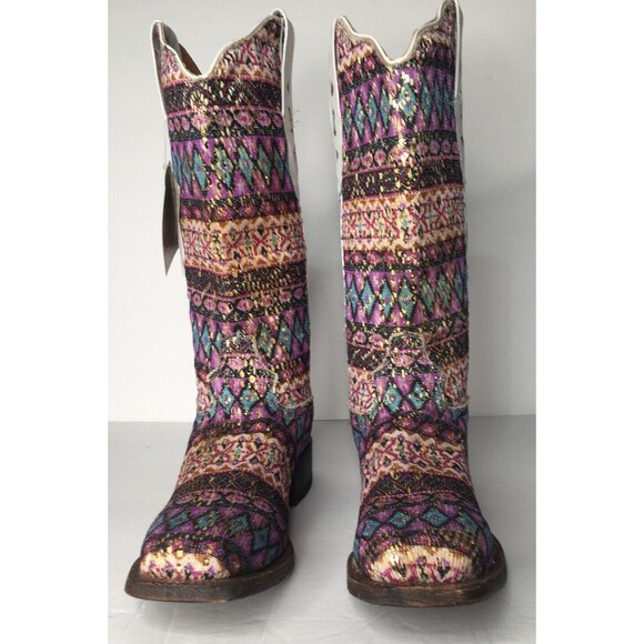 NEW Tanner Mark Cowboy Western Boot TML37001 Purple Serape Aztec Glitter Sz 7.5 - Picture 6 of 16